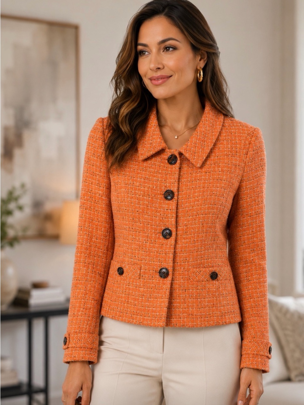 RANDY KEMPER TWEED BLAZER ORANGE TORTOISE BUTTONS SIZE 12 Career Classic Fall